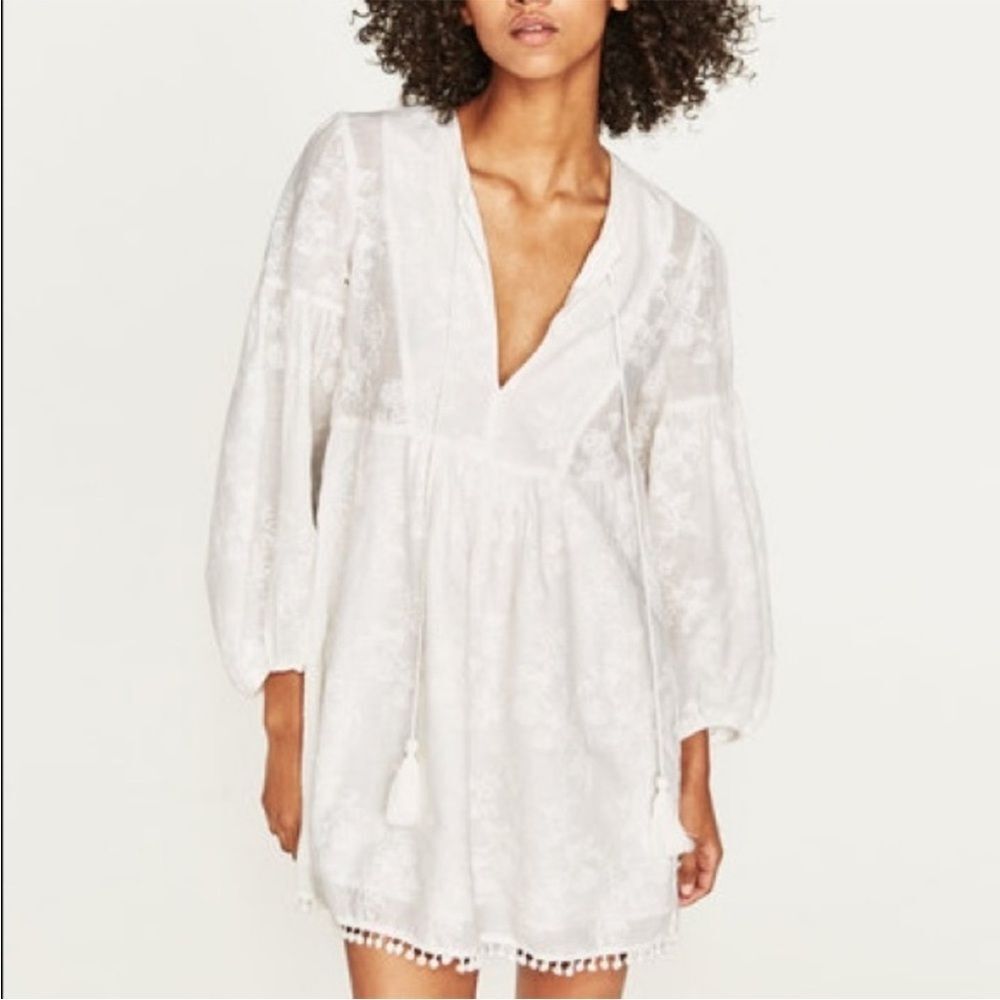 Zara peasant dress with‎ Pom Pom M - Picture 2 of 9